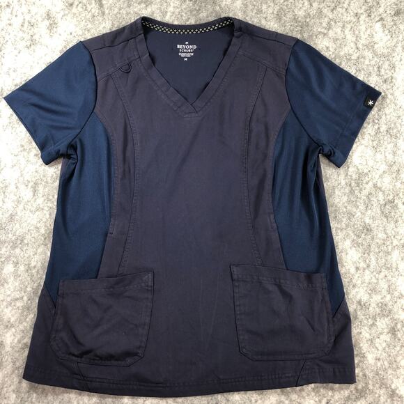Beyond Scrubs Top Womens Medium Navy Blue V Neck 2 Pocket Stretch Style 5100SB - Picture 1 of 13